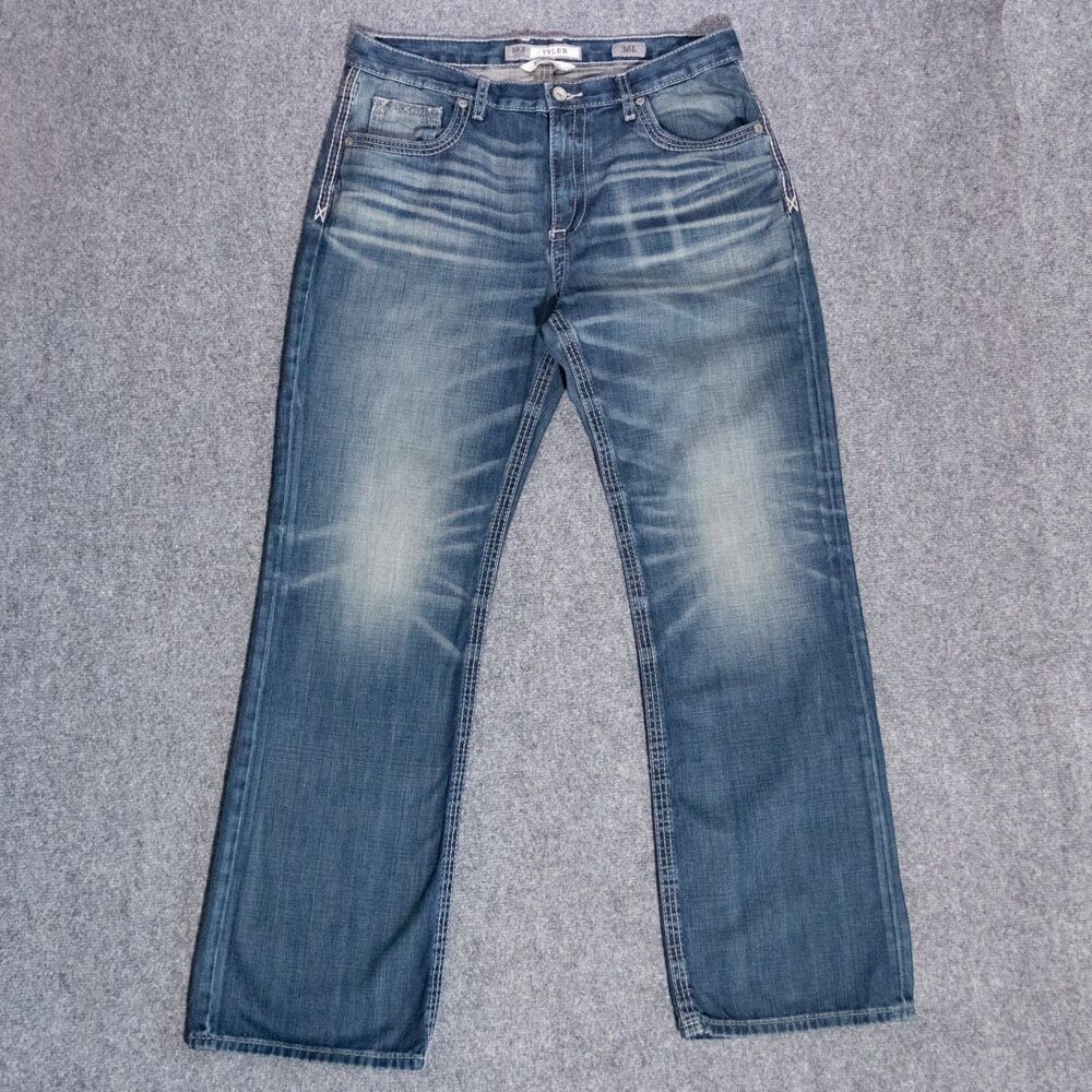 BKE Buckle Tyler Boot Leg Jeans Men's 36x34 Dark Wash Thick Stitch Whiskered y2k